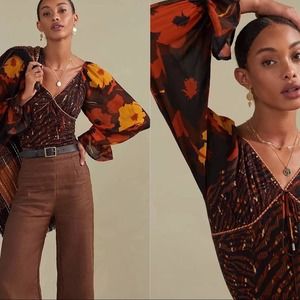 Anthro Conditions Apply Floral Tiger Print Blouse Long Sleeves Orange Bl…